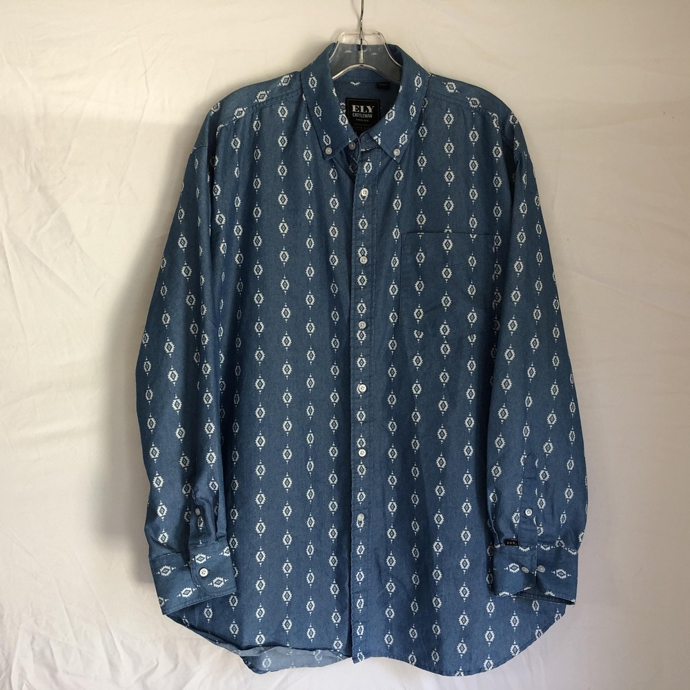 Ely Cattleman Shirt Mens XL Blue Denim Geometric Long Sleeve Button Front